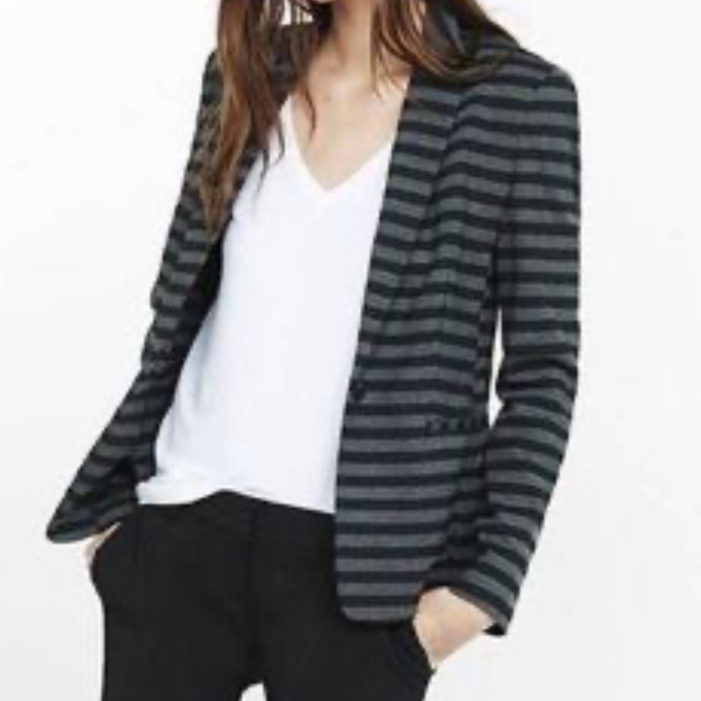 Express Black and Gray Striped Blazer Pointe Knit One Button Closure Size Small
